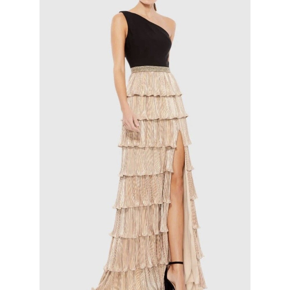 Ieena for Mac Duggal Dress 26541 Womens 4 One Shoulder Black Gold Layered Gown